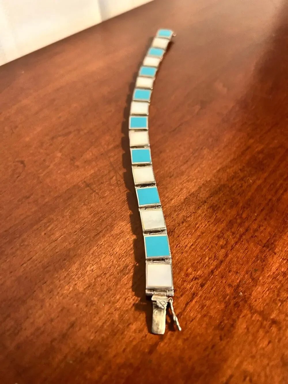 Vintage 925 FAS Sterling Silver Turquoise & Mother of Pearl Bracelet 8